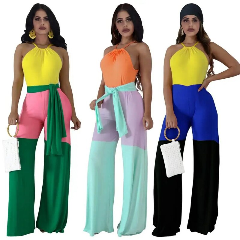 Women Sexy Spaghetti Strap Patchwork Wide Leg Long Pants Jumpsuit Rompers Ladies Outfits vintage beach boho loose Rompers