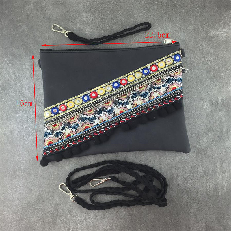 Gypsy tas jinjing Flap anyaman rakyat Bohemia Boho cantik tas kurir pinggiran Pompom Linen katun untuk wanita dompet seventop