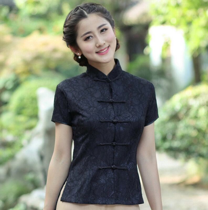 Женская кружевная блузка в китайском винтажном стиле, черная блузка с коротким рукавом, на пуговицах, с воротником-стойкой, Размеры M, L, XL, XXL, XXXL, 2520-1, на лето