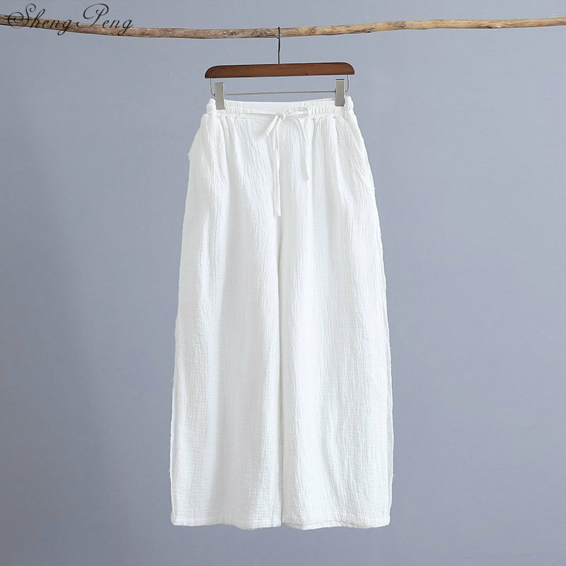 Calças femininas de algodão linho, calças largas femininas largas com bolsos