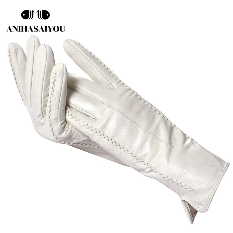 Перчатки женские кожаные белые, натуральная кожа, с хлопковой подкладкой, теплые, зима-2226