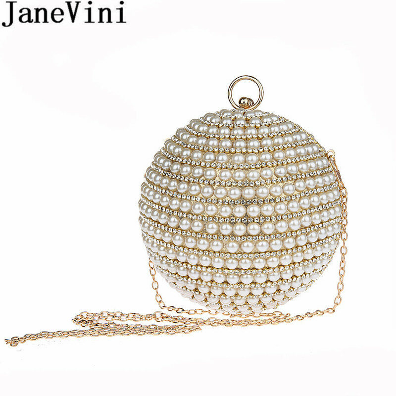 JaneVini – sac à main de soirée pour femmes, sac à bandoulière rond avec perles dorées/argentées, chaîne pour fête de mariage, nouvelle collection 2018