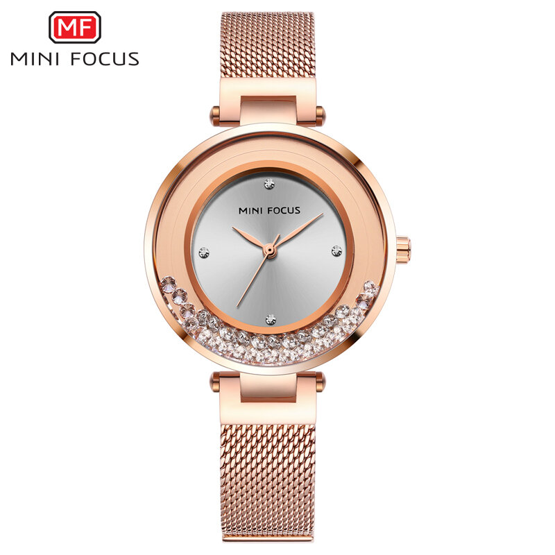 Zegarki damskie MINI FOCUS panie luksusowy zegarek marki kryształ wodoodporna modna siatka pas zegar kobieca sukienka na rękę MF0254L