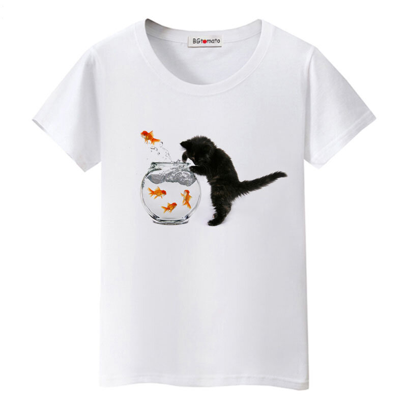 Bgpomodoro gatto mangiare pesce divertente maglietta vendita calda nuovissimo casual top manica corta estate adorabile gatto t-shirt donna bella tees