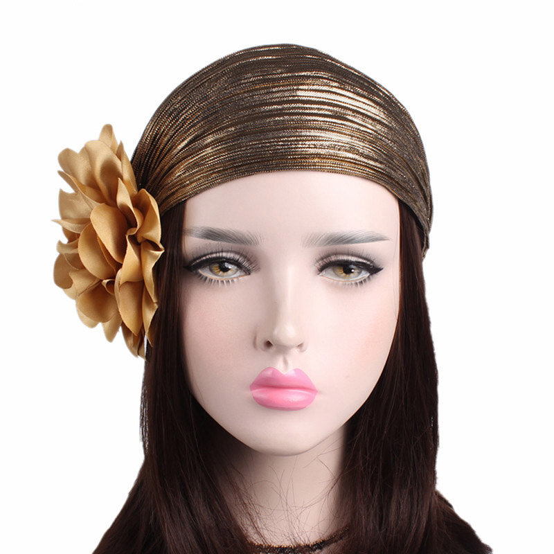 Moda damska złoto srebro duże kwiatowe Turban kapelusze dla kobiet Chemo chustka hidżab plisowana indyjska czapka Turbante kobiety nakrycia głowy