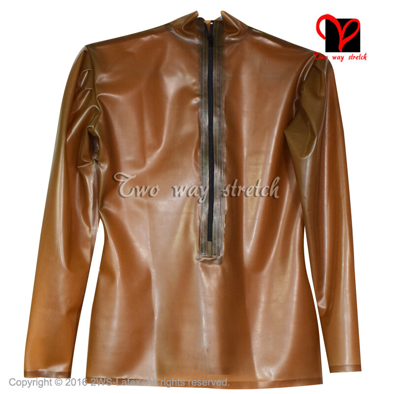 Chemisier transparent en Latex brun manches longues, blazer en caoutchouc, uniforme Gummi, vêtements de dessus grande taille XXXL SY-065