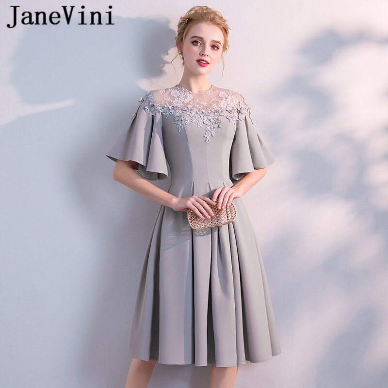 JaneVini eleganckie krótkie szare Prom sukienka Puffy krótkie rękawy linii koronkowe aplikacje zroszony Illusion powrót Satin formalne sukienki na imprezę