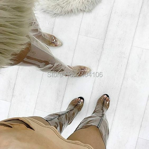 Botas de lluvia de PVC Kim Kardashian, botines transparentes hasta el muslo, tacón grueso de cristal Perspex por encima de la rodilla, color negro y Nude, 2018
