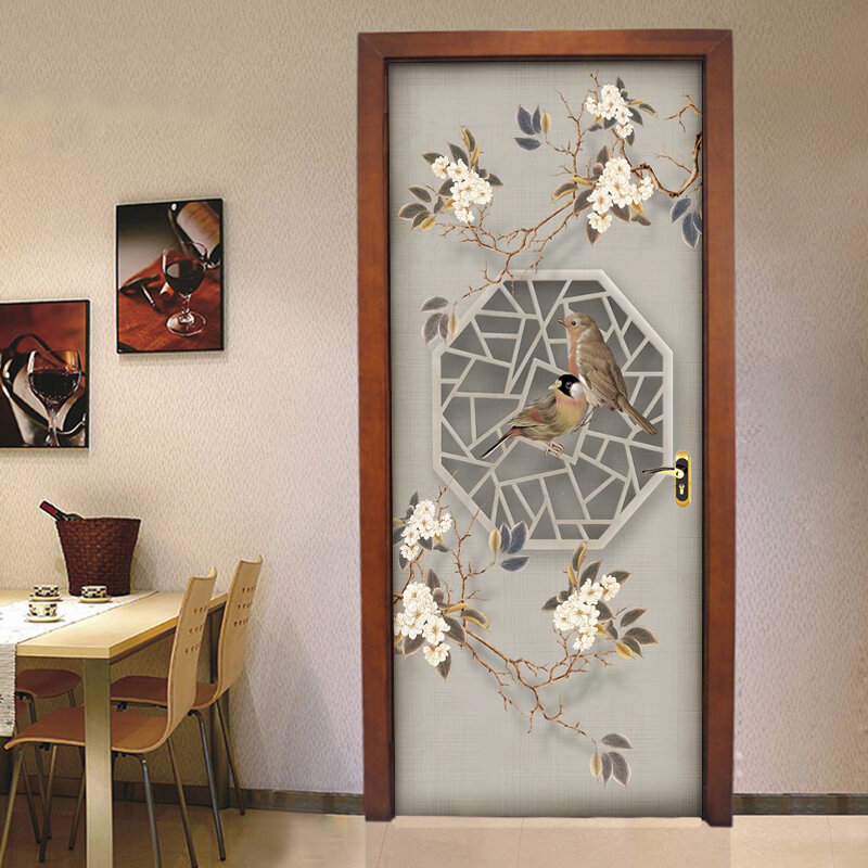 Pegatina de puerta de pájaro de flores de estilo chino, Mural, pintura de pared, sala de estar, dormitorio, puerta de estudio, pegatina de decoración autoadhesiva DIY