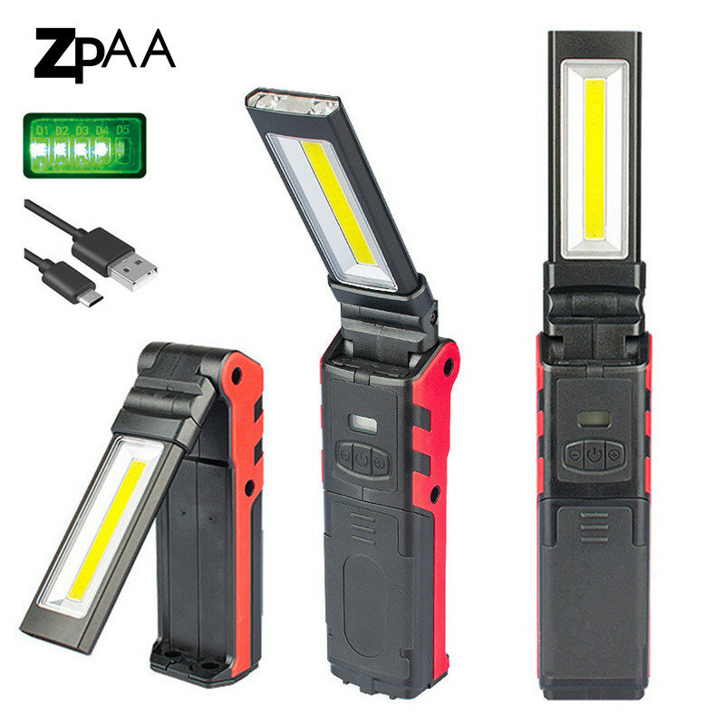 자동차 수리용 업그레이드된 관리형 충전식 LED COB 작업등, USB 접이식 무단 조광 COB 손전등 램프