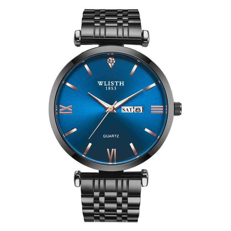 Reloj de pulsera de cuarzo para hombre y mujer, cronógrafo de acero negro y azul, de negocios, de alta calidad, a la moda, par de horas