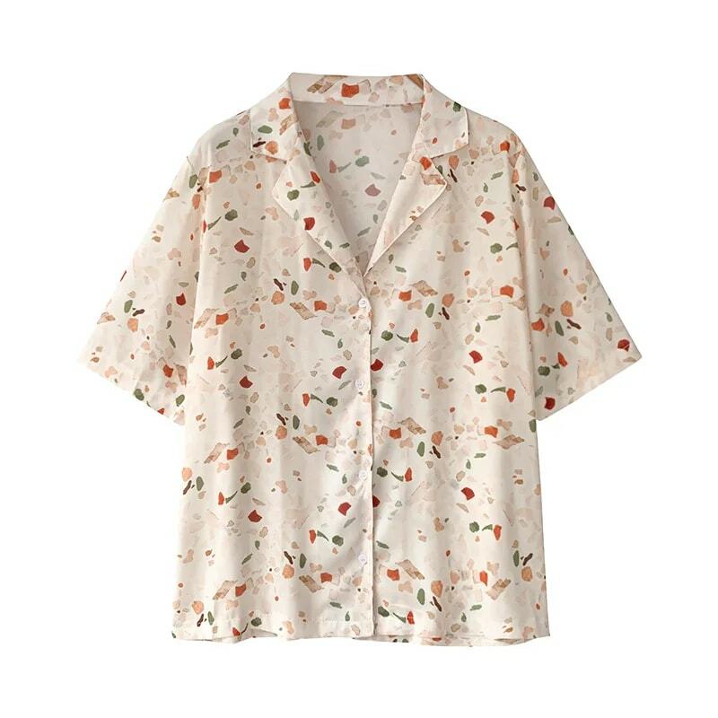 Летняя женская тонкая шифоновая рубашка, новая Корейская блузка с принтом, женские повседневные свободные Модные топы с коротким рукавом и отложным воротником, H9001
