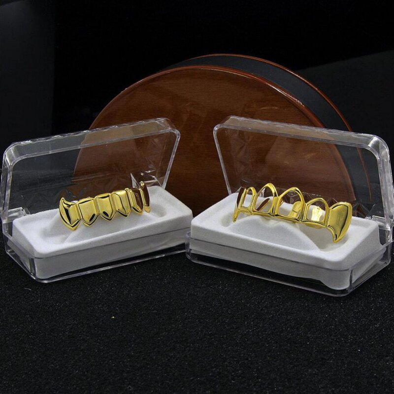 TOPGRILLZ Gold Color Plated Hip Hop Teeth Hollow Fang Top & Solid Fangs Bottom Grillz Set Vampire Grills Sets