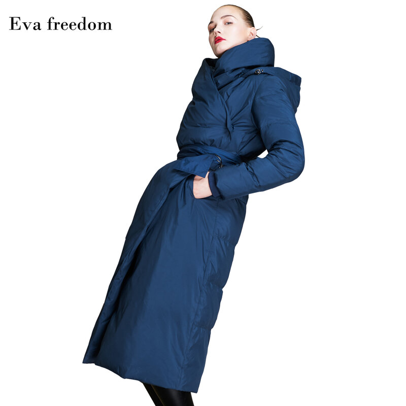 Inverno marca de moda sobre o joelho longo 90% de pato real para baixo casaco feminino com capuz único breasted com cinto quente para baixo casaco wq117