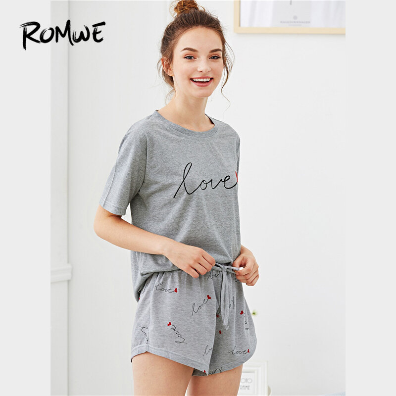 ROMWE Pajamas Women Tee Shorts Two Piece Set Woman Clothes  Summer Female Casual Nightwear Heart Letter Print Pajama Set