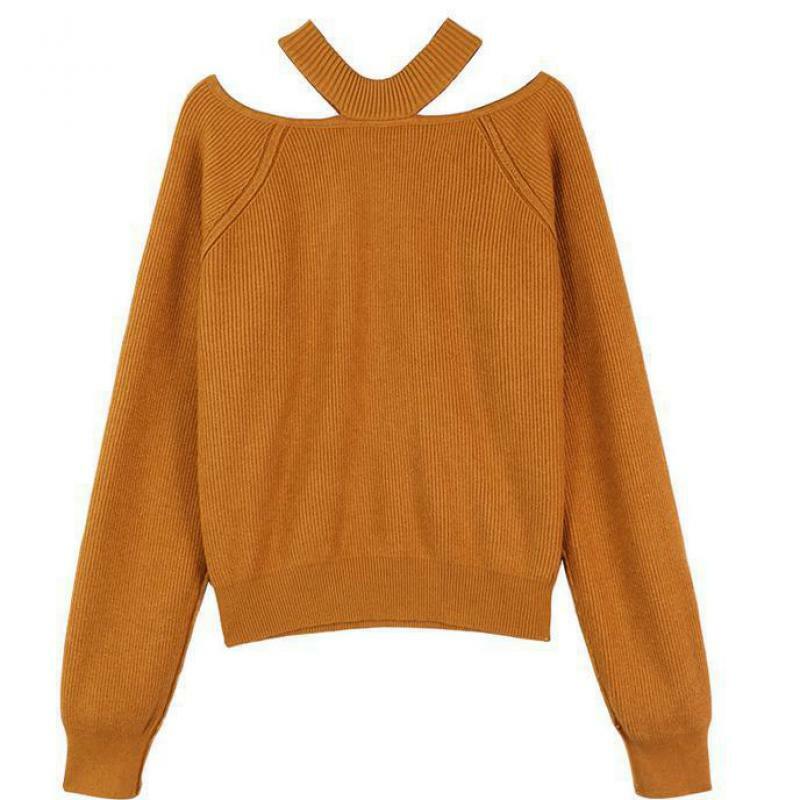 Женский свитер без бретелек, однотонный пуловер с длинным рукавом и лямкой на шее в Корейском стиле, новинка весны 2024
