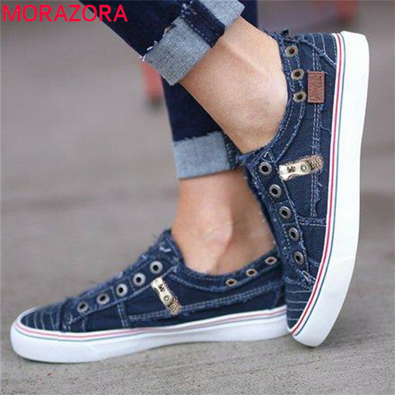 Morazora 2020 tamanho grande 35-43 mulher sapatos planos primavera verão lona sapatos de dedo do pé redondo deslizamento em sapatos casuais confortáveis mulher