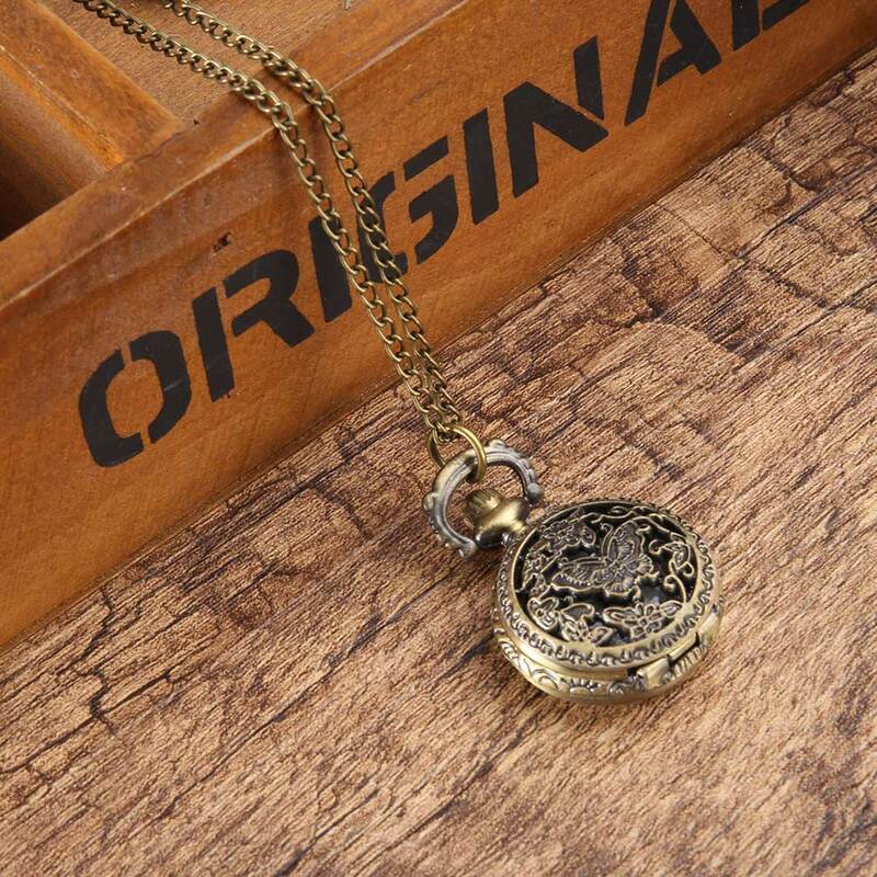 Relógio de bolso do vintage cor bronze relógio de quartzo legal corrente oco borboleta árvore relógios ll @ 17