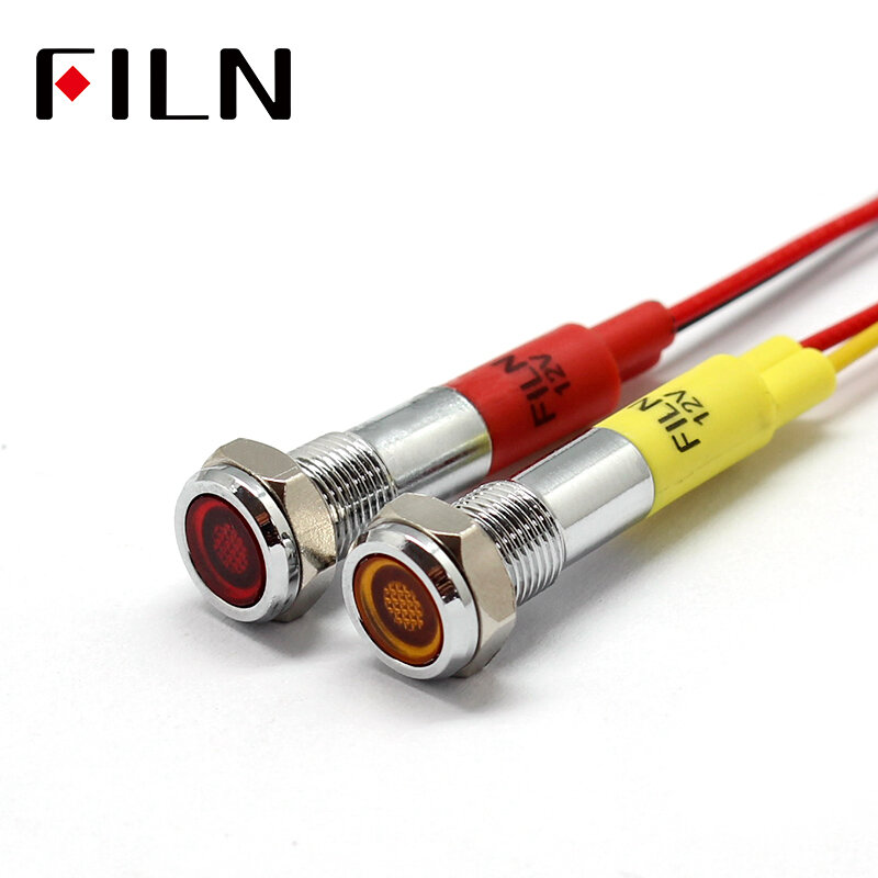 Filn 6mm mini 12 v LED indicatore metallo leggero piatto lampada di segnalazione Rosso Giallo con 20 cm cavo