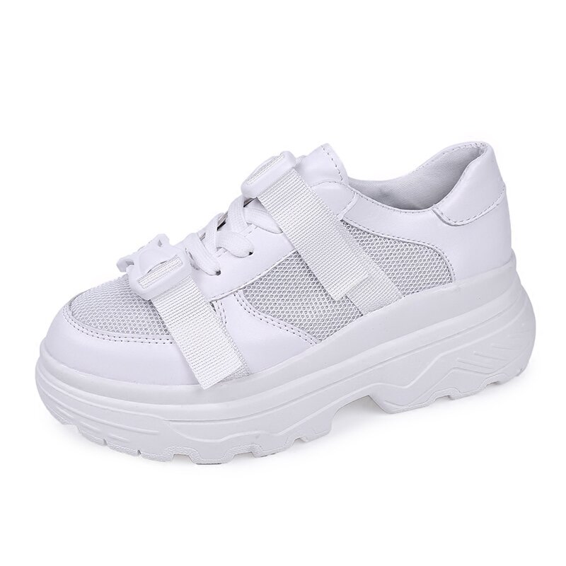 Women Buckle Platform Casual Shoes Trend White Women Chunky Sneakers Mesh Breathable High Street Ladies Shoes 185w