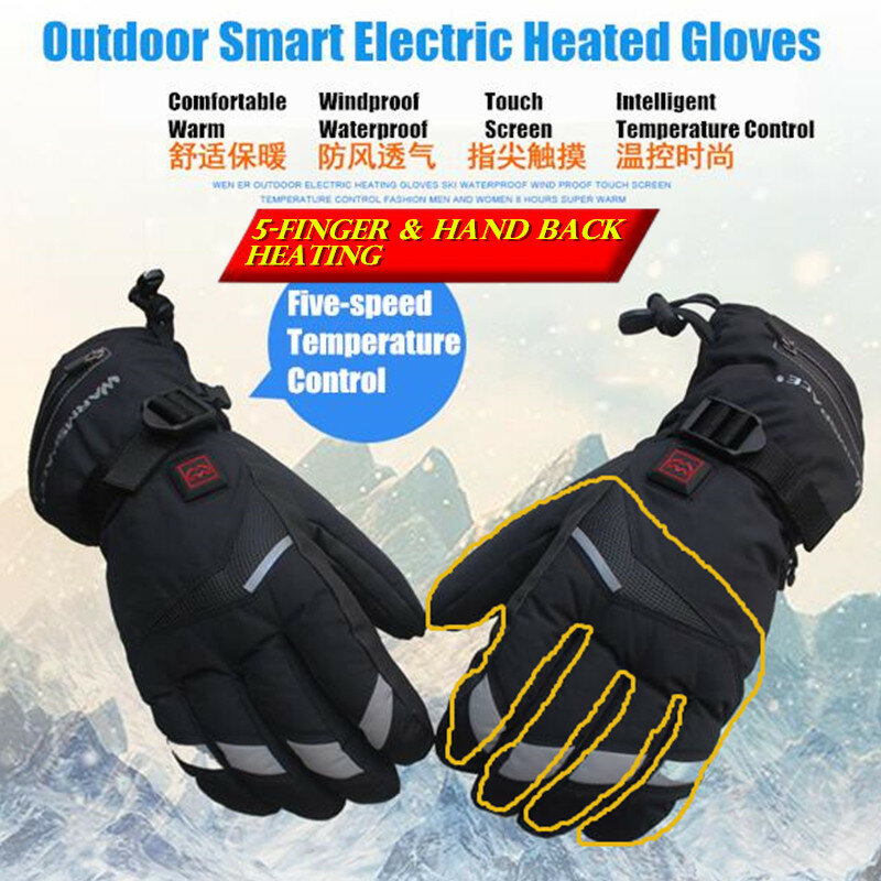 10 par 3600 mah luvas aquecidas elétricas inteligentes, inverno quente 5 dedo & mão voltar bateria de lítio auto aquecimento tela toque esqui luvas