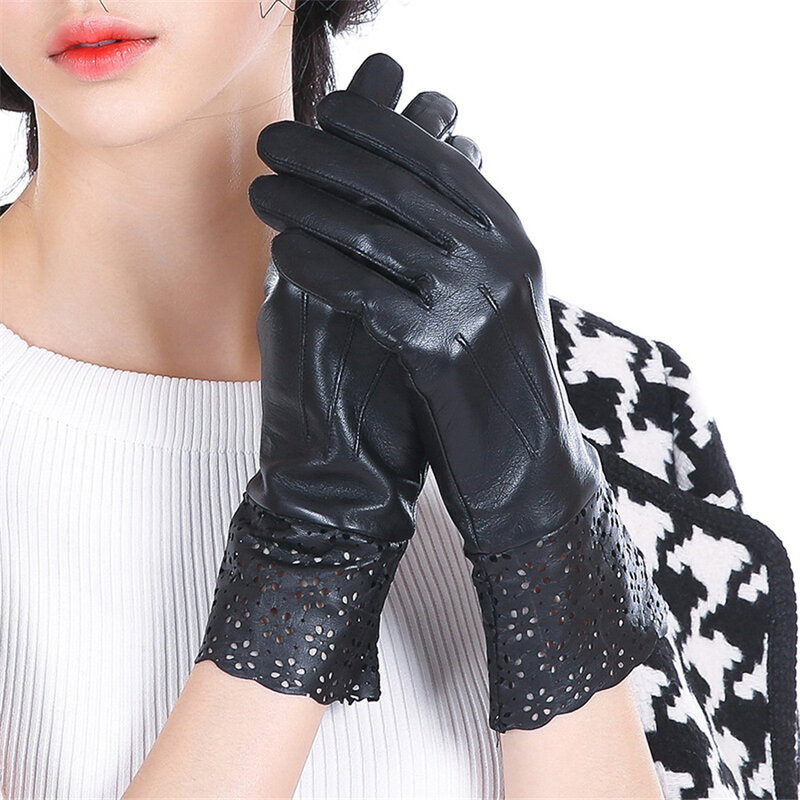 New Hot Ladies Genuine Leather Gloves Warm Winter Driving Sheepskin Mittens Black Thin Lining Silk Lining 4-5