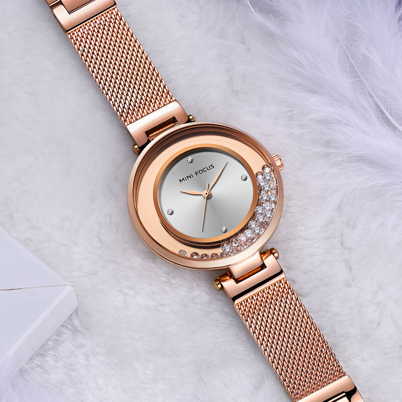 Relógios femininos mini foco senhoras relógio de luxo marca cristal à prova dwaterproof água moda malha cinto mulher vestido relógios pulso mf0254l