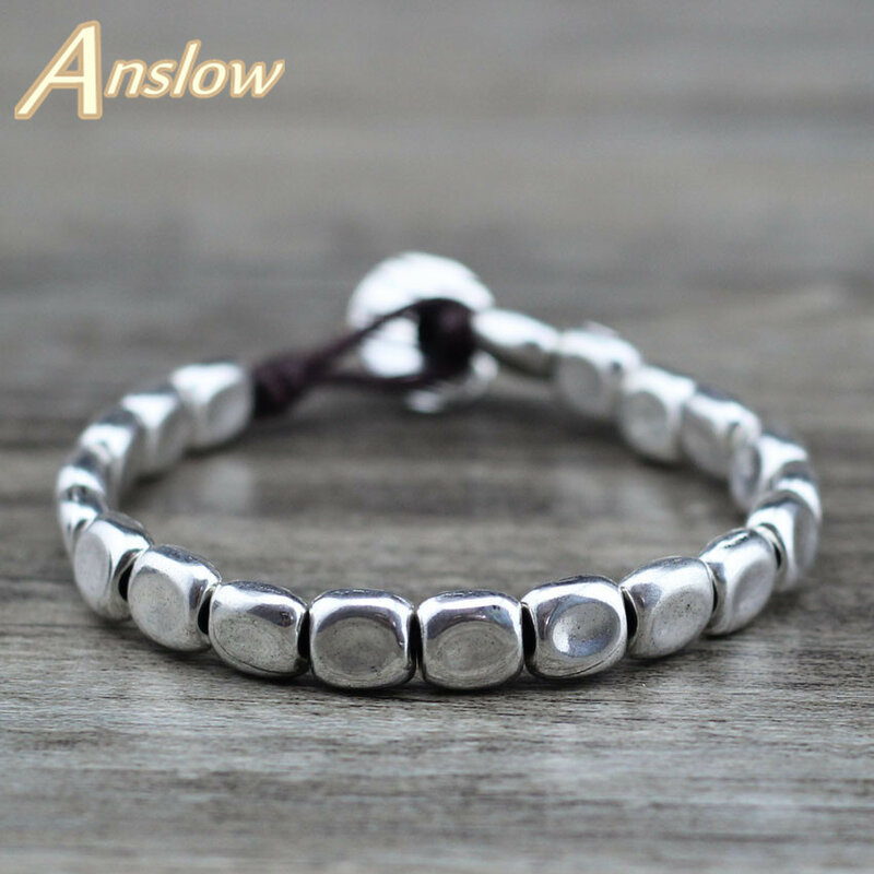 Anslow-Bracelet de perles plaquées argent antique pour couple et femme, bijoux vintage, ULà breloques classiques, cadeau tendance, LOW0710LB