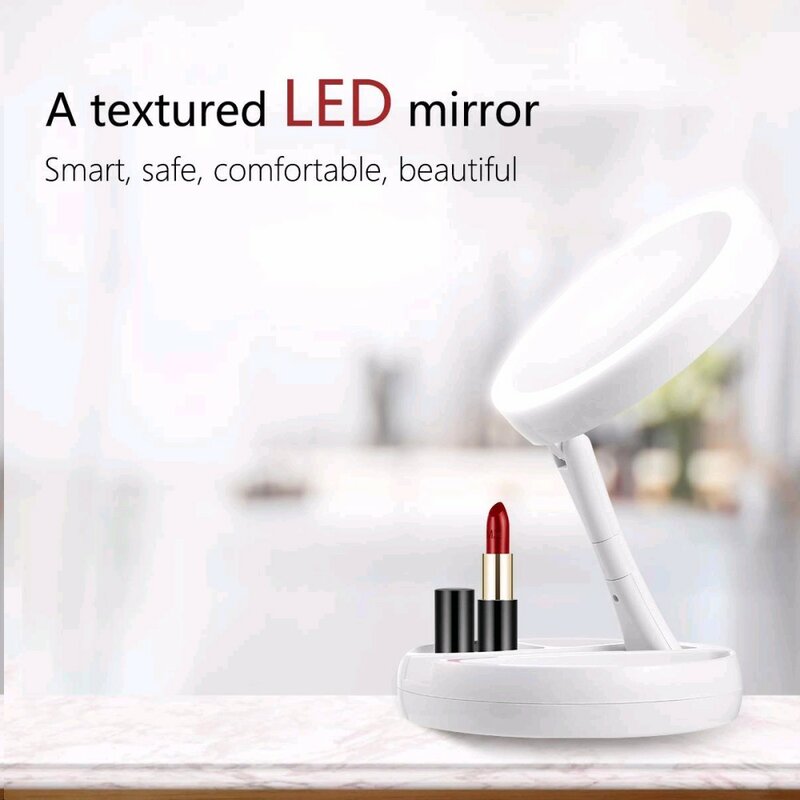 Espelho de maquiagem dobrável 10x, portátil, para banheiro, iluminação profissional, ajustável, 270 graus, rotativo