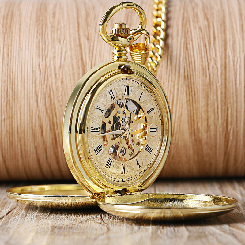 Relógio de bolso mecânico com algarismos romanos masculino, relógio FOB com corrente, corda manual Steampunk, suave, luxo, vintage, top