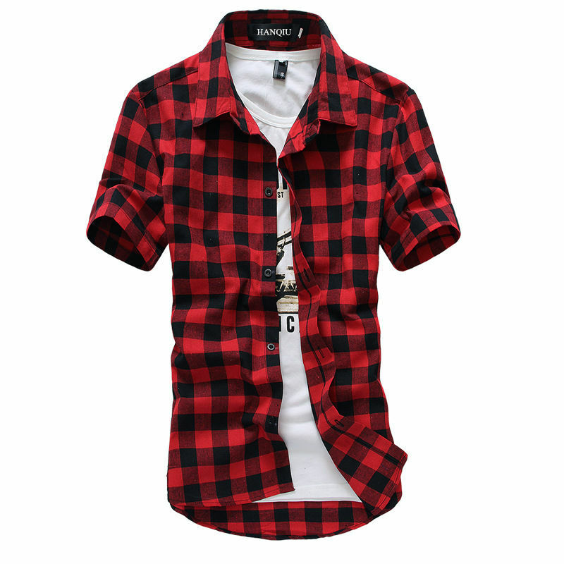 Camisa xadrez vermelha e preta masculina, camisa quadriculada, manga curta, blusa, nova moda, verão, 2024
