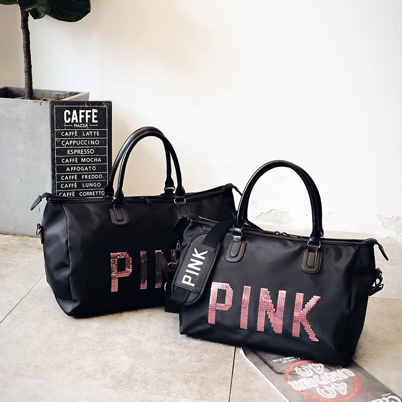 Bolsa de viagem portátil duffel impermeável, bolsa de ombro com lantejoulas rosa para homens e mulheres, fim de semana, portátil