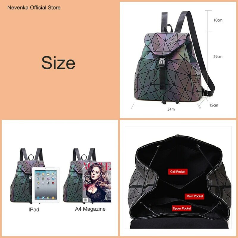 Mochila luminosa Nevenka, mochilas geométricas de cuero para mujer, mochilas con cordón de enrejado de diamantes, mochila holográfica, bolso 2018