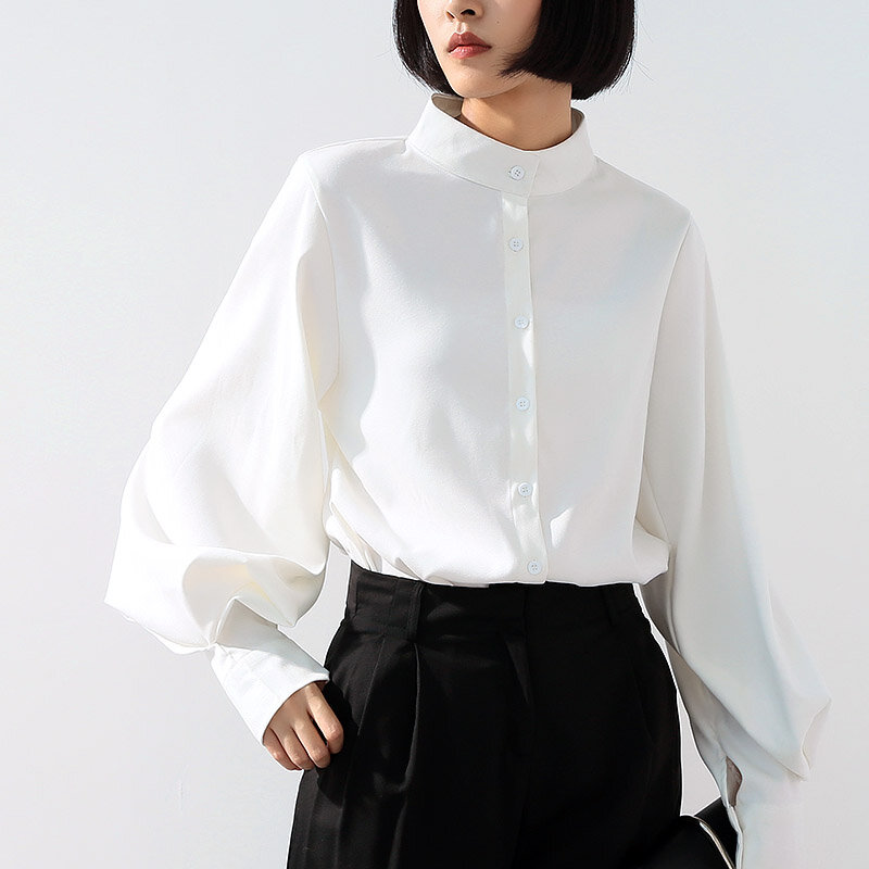 Blusa de manga larga ancha para mujer, camisa abotonada con cuello levantado, Estilo Vintage, a la moda, Primavera, 2019