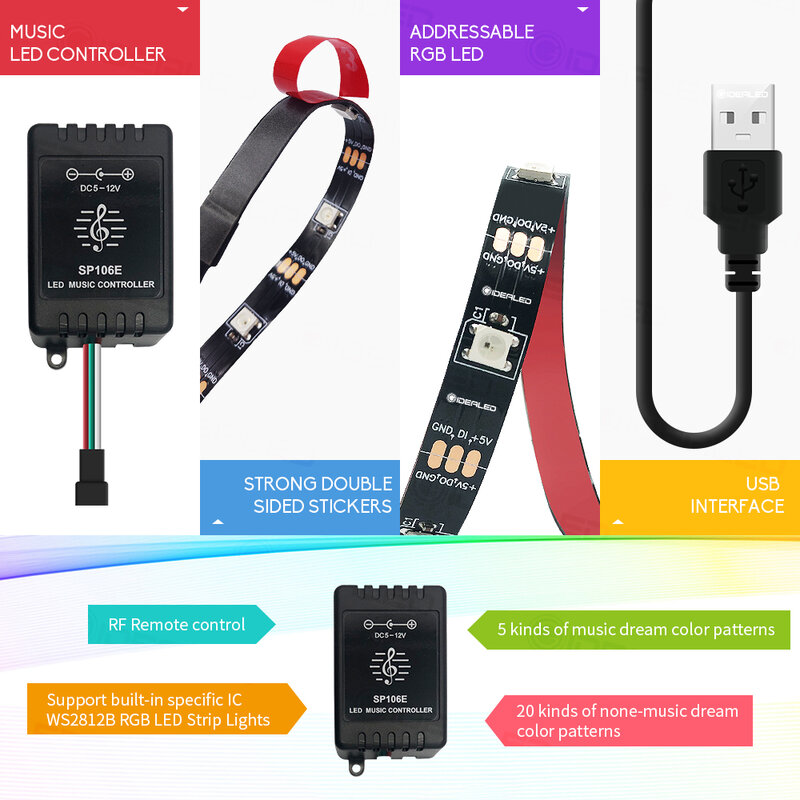 led strip light 5v 150leds Sound sensor RF Remote color changing music controller usb for tv background ribbon ambient light