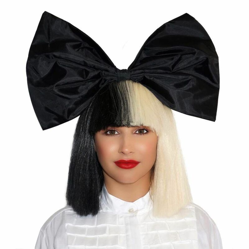 Sia Wig Half Black Half Blonde Short Straight Flat Bangs Heat Resistant Synthetic Hair Cosplay Wigs + Wig Cap