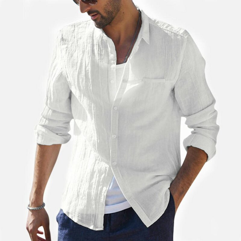 2019 plus size verão nova camisa masculina de linho algodão sólido manga longa botão retro camisas compridas topos S-2XL
