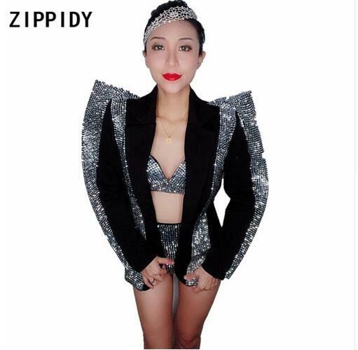 Sparkly Silver Rhinestones Bra Short Jacket Sexy Outfit Set Women Singer Dancer Wear Black Stage Wear Birthday Party Outfit bar