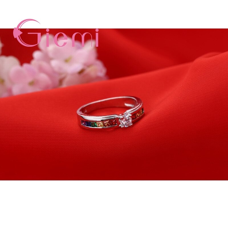 New Arrival Colorful Rainbow Crystal 925 Sterling Silver Band Ring for Women Female Party Wedding Engagement Jewelry