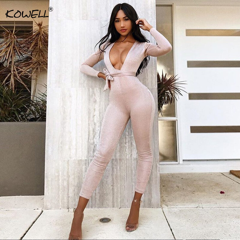 Hot Sell 2019  Sexy Women Autumn Winter Jumpsuits Ladies Long Sleeve Nightclub V Neck Bandage Solid Bodysuits Rompers Overalls