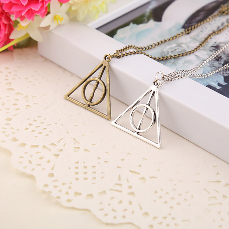 Popular Movie Deathly Hallows Pendant Necklace Movie Trendy Jewelry Long Chain Triangle Necklace 3 Colors
