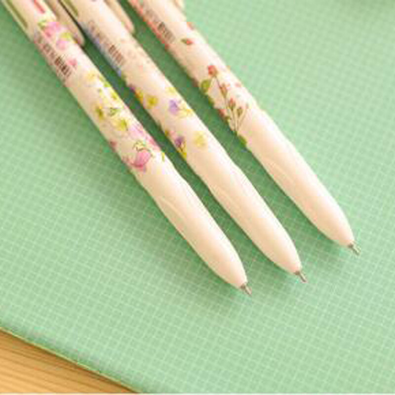 4 In 1 Colored Ballpoint Pen Floral Pens Kawaii Stationery Writing Pens 0.5mm Office School Supplies Ink Black Green Blue Red