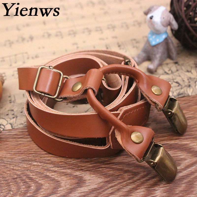 Yienws-Bretelles en cuir véritable pour hommes et femmes, Bretelles marron vintage avec 4 clips, Bretelles de pantalon en bronze, YiA150