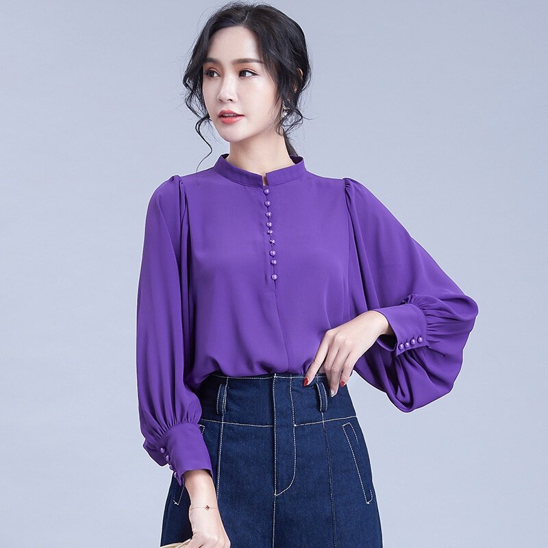 Cor sólida coreano moda mulher roupas blusa botão lateral camisa feminino balão manga trabalho wear mulheres topos verão 2019 dd2134