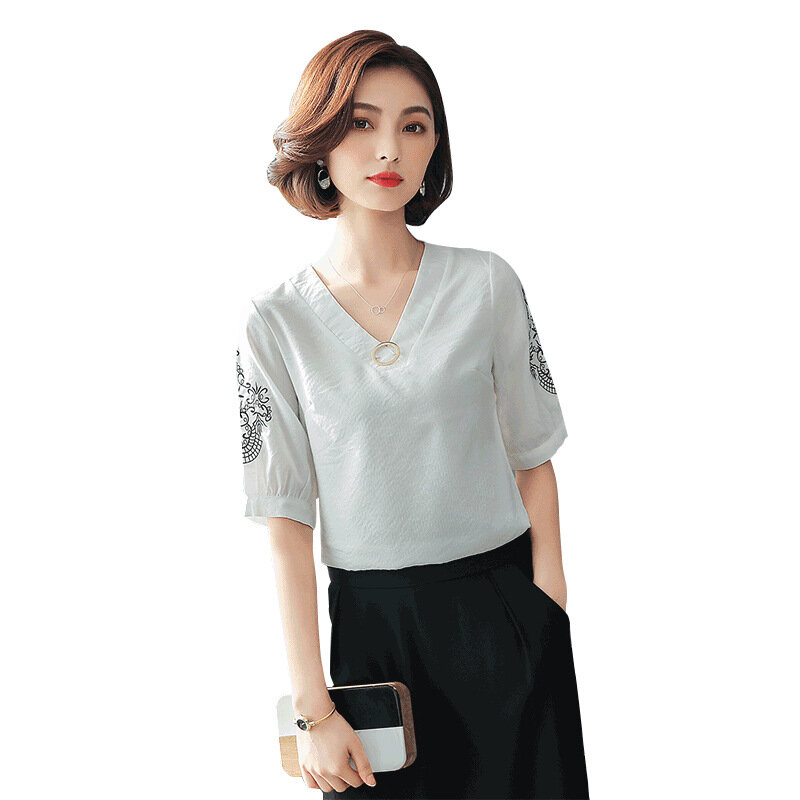 Шифоновая рубашка с коротким рукавом, женская Свободная блузка с v-образным вырезом и вышивкой в полоску, женская летняя одежда, корейский модный топ для работы H9028