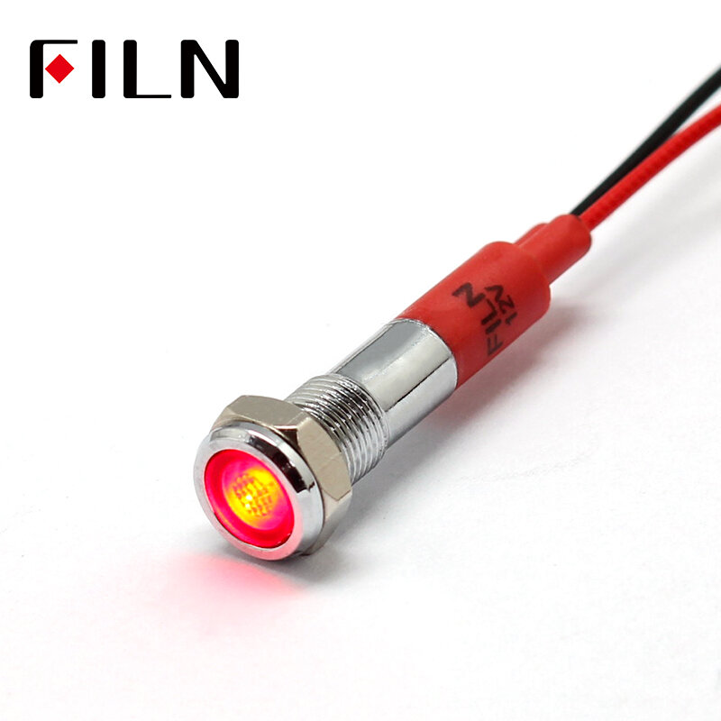 Filn 6mm mini 12v metalowy wskaźnik led lekka płaska lampka sygnalizacyjna czerwony żółty z kablem 20cm