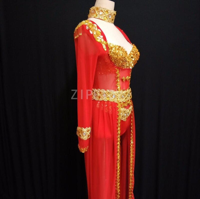 Delle donne di Modo di Costume di Ballo Oro Rosso Tuta Pannello Esterno di Prestazione Della Fase Due Pezzi Vestito Femminile Cantante Di Compleanno Abbigliamento