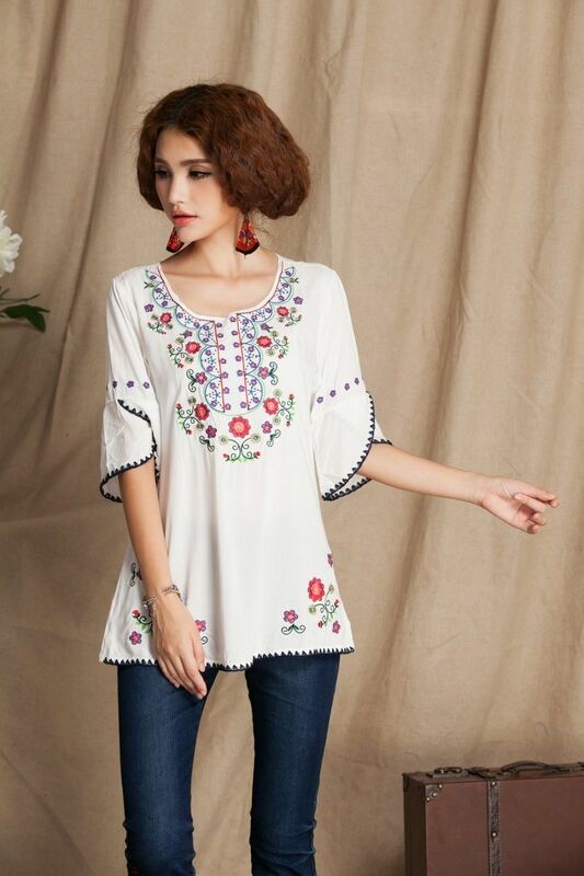 Blusa con bordado Floral para Mujer, Camisa de algodón suave, estilo Hippie, Vintage, años 70, 2021