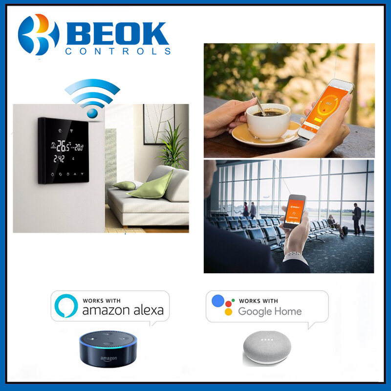 Beok-ترموستات كهربائي يعمل بالواي فاي ، 220 فولت ، تدفئة أرضية ، ترموستات رقمي ، تحكم صوتي ، متوافق مع Google Alexa