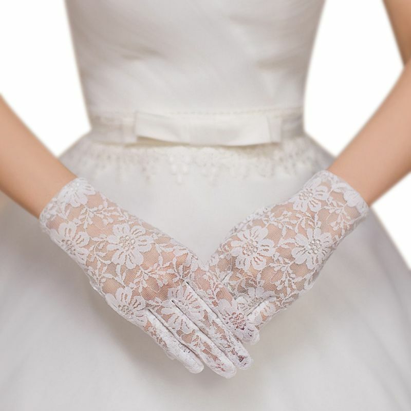 Luva curta floral renda branca, luva feminina dedos inteiros comprimento do pulso através da cor sólida bufante casamento mittens vintage crochê